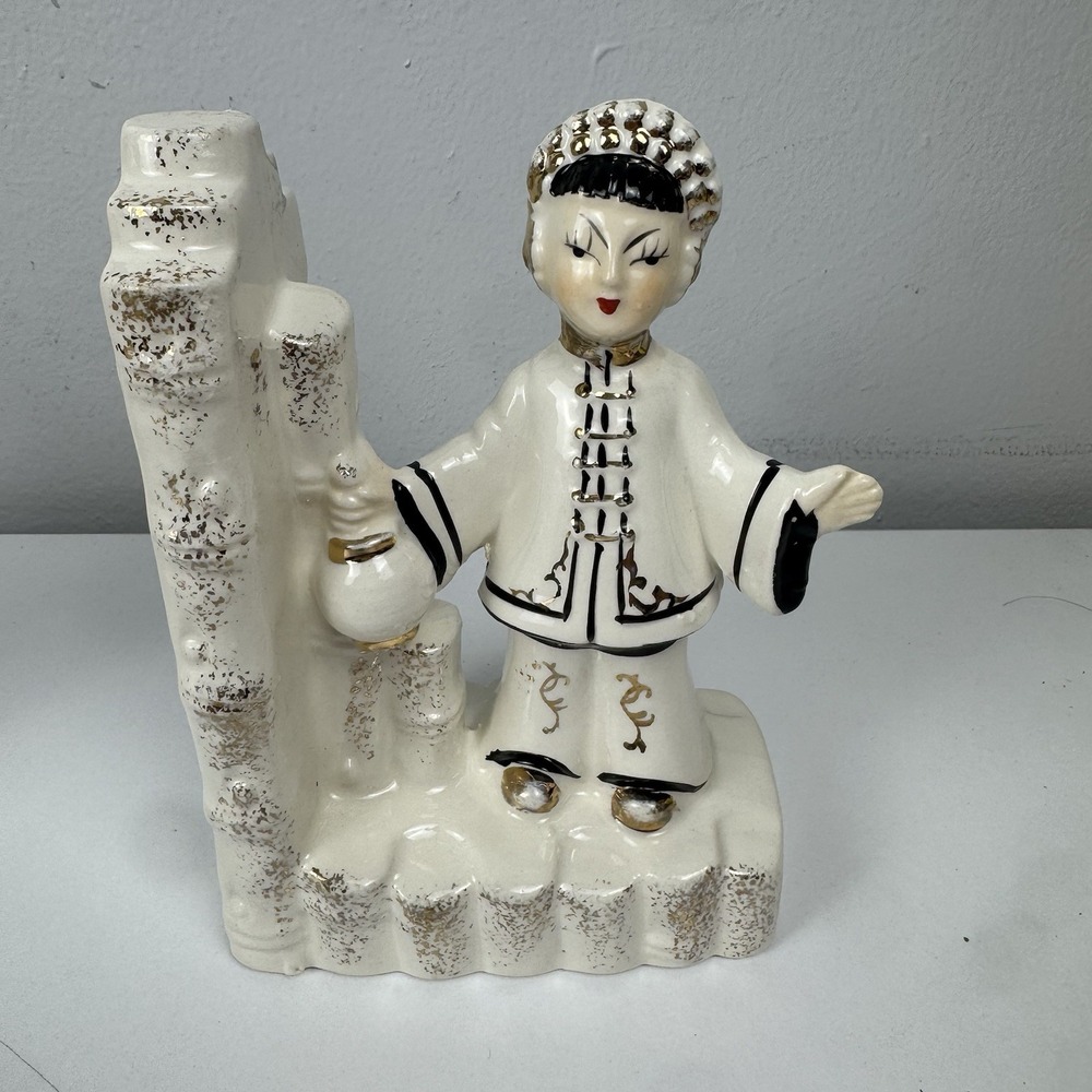 Vtg Asian Figurine Bookends Ceramic Chalkware MCM Japan Geisha Pair - Picture 8 of 16